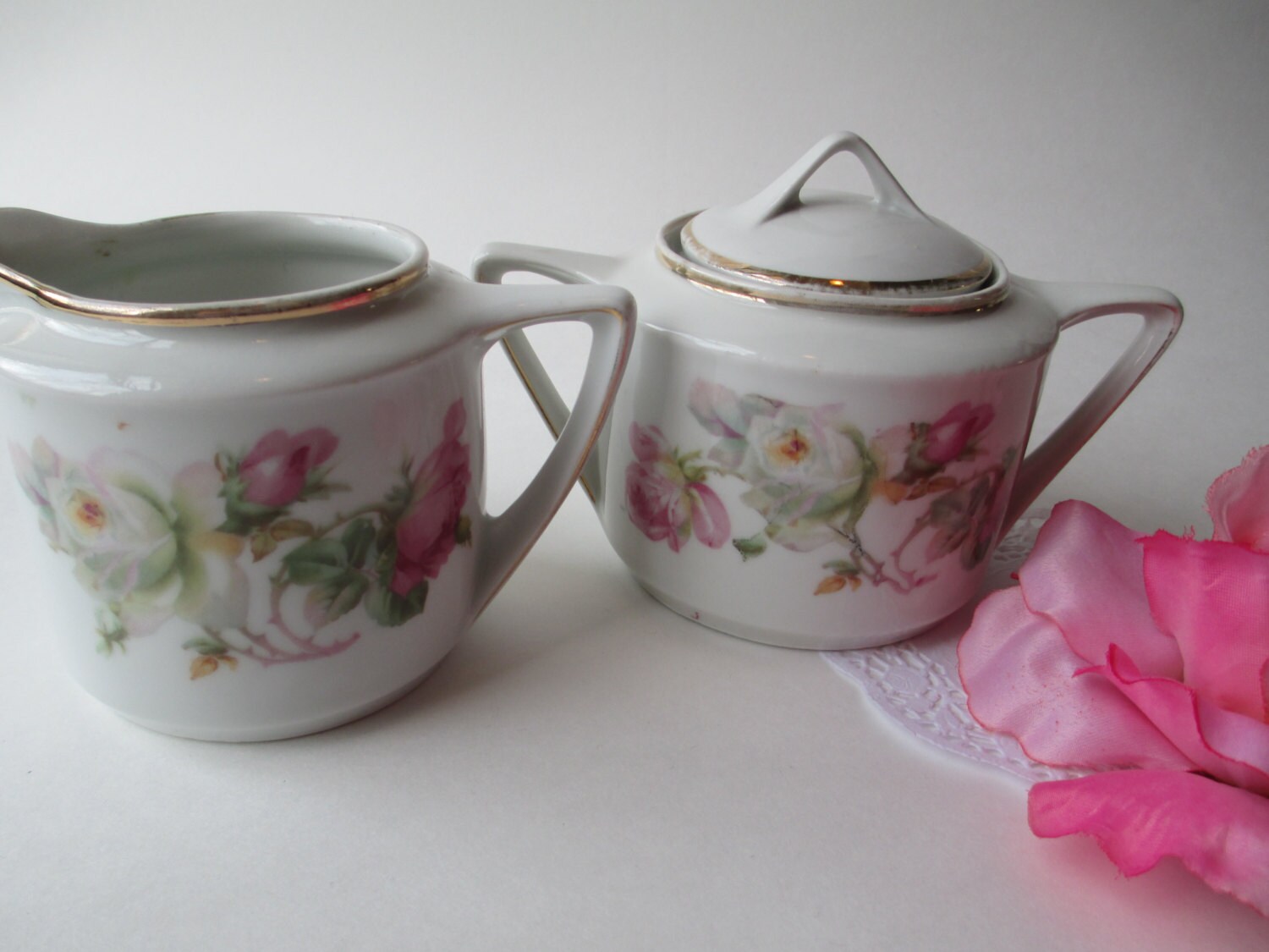 Vintage German Pink Rose Cream and Sugar Set Shabby Chic Haute Juice