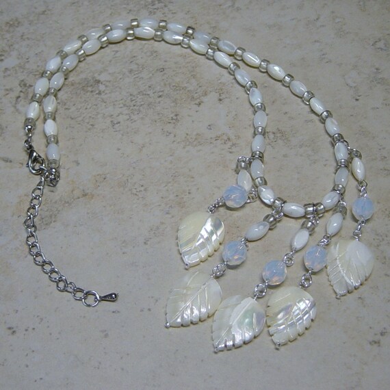 Ivory Mother of Pearl Carved Leaf Beaded Bib by delaMarCollection