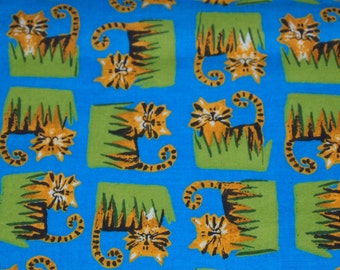 SALE vintage 70s novelty print fabric, featuring cute tiger motif, 1 yard, 3 inches