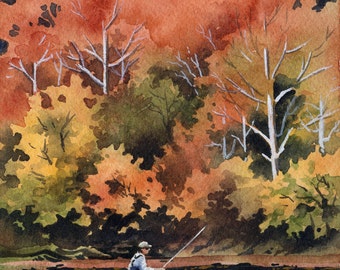 FLY FISHING Watercolor Signed Fine Art Print by by k9artgallery