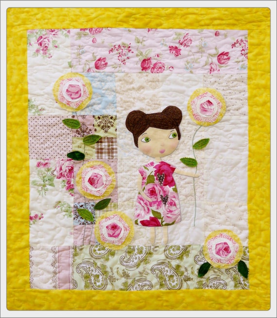 She lingers in garden Rose Quilt Pattern pdf - wallhanging big eyes applique free motion embroidery sewing girl pink