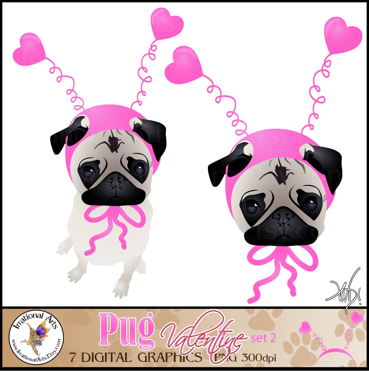 Download Pug Valentine Pug Dog Graphics set 2 - 7 digital graphics ...