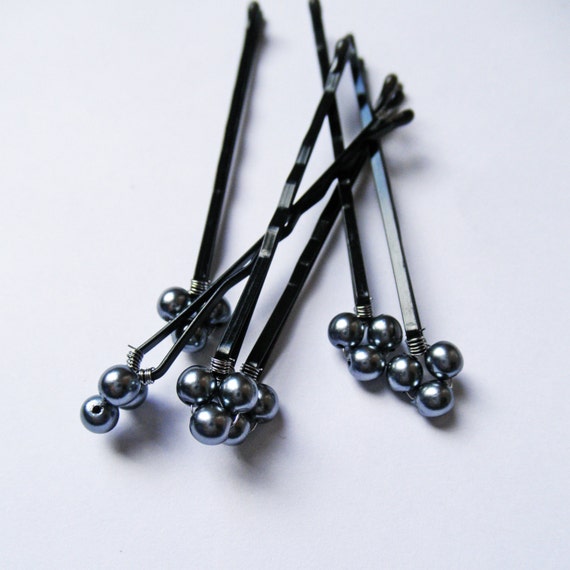 Black Pearl Hair Pins wedding set of 6 Dark Gray Grey