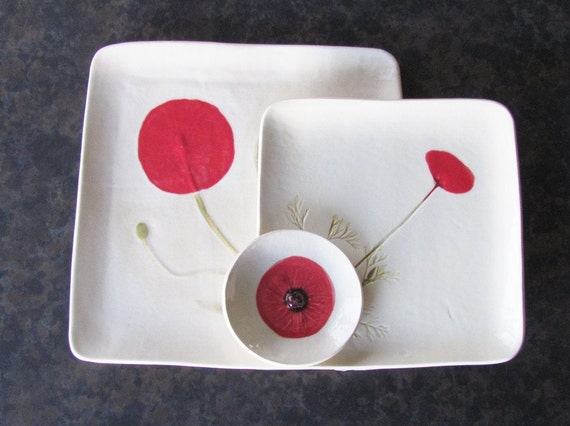 Red Poppy: handmade square platter set 3 stoneware craftsman         inspired designer