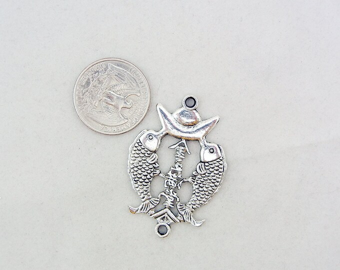 Antique Silver-tone Asian Double Fish Double Link Pendant Charm