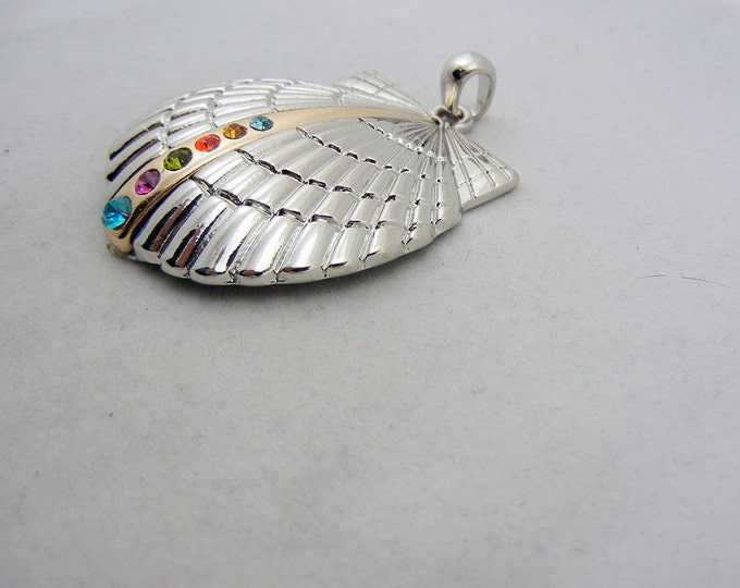 Two-tone, Silver-tone Seashell Pendant with Gold-tone Center Multi Colored Rhinestones