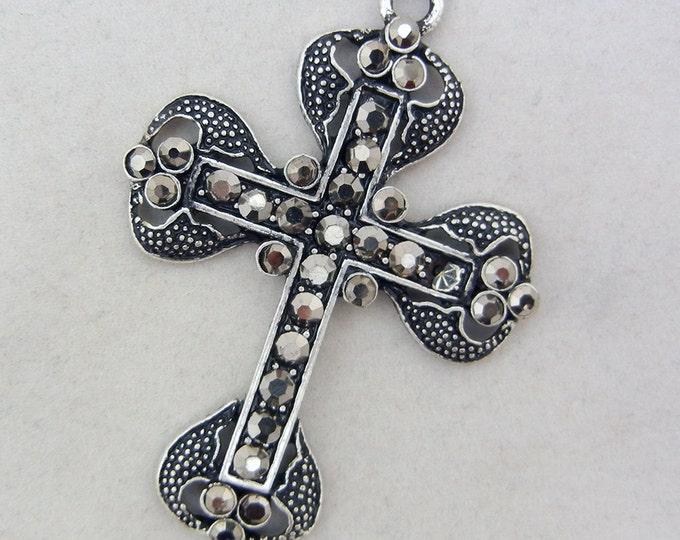 Antique Silver-tone Cross Charm Pendant Gray Rhinestones