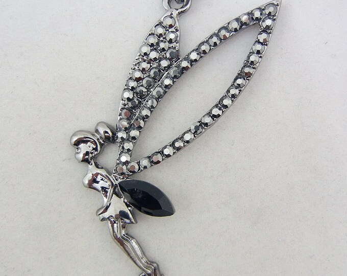 Black Silver-tone or Hematite Fairy Pendant Rhinestones