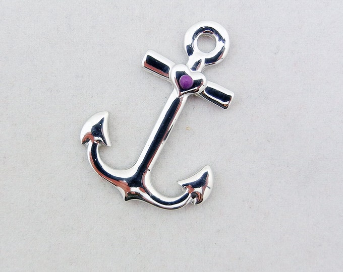 Silver-tone Nautical Anchor Pendant Tiny Purple Bead Heart Accent