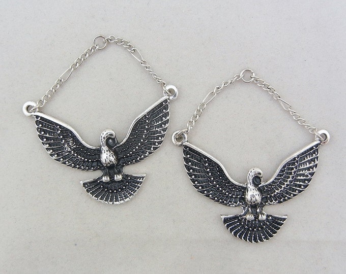 Pair of Antique Silver-tone Dove Charms with Wings Spread and Chain