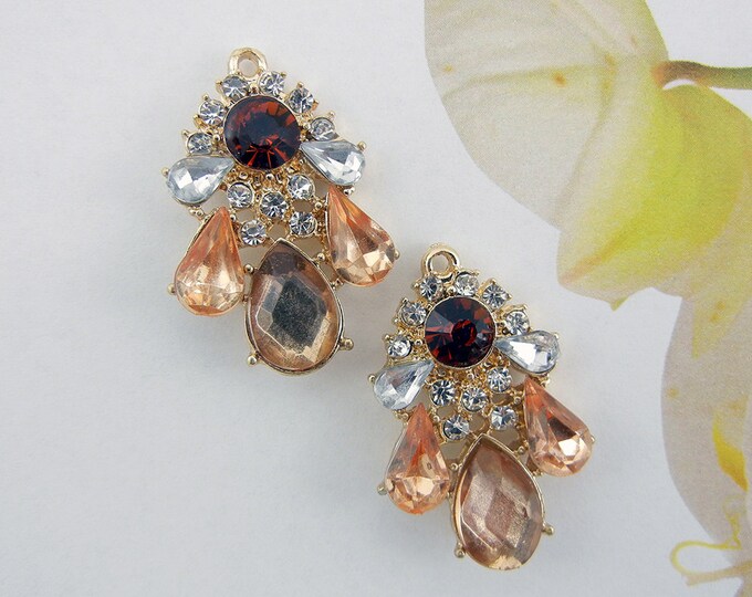 Pair of Small Peach and Dark Topaz Rhinestone Drop Charms Gold-tone