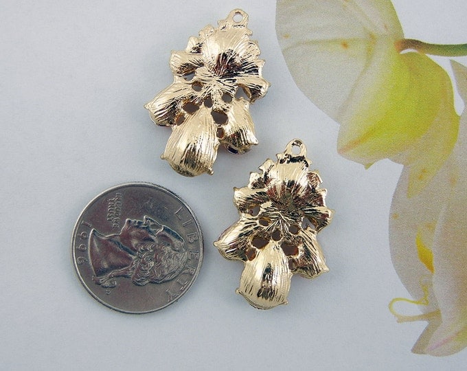 Pair of Small Peach and Dark Topaz Rhinestone Drop Charms Gold-tone