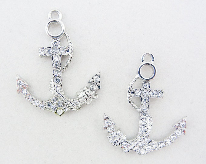 Rhinestone Nautical Anchor and Rope Charms Encrusted Silver-tone
