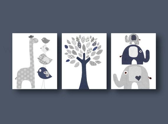 Kids wall art Nursery art print baby nursery decor nursery print Kids art navy gray elephant giraffe bird Tree Set of three prints by GalerieAnais