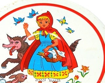 60's Tin Toy Tea plate, Red Riding Hood storybook graphics, smaller size.