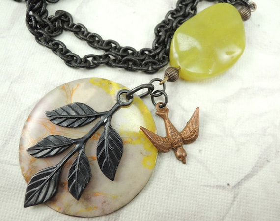 Mixed Metal necklace with lime green gemstone, Arte Metal branch, Copper bird charm