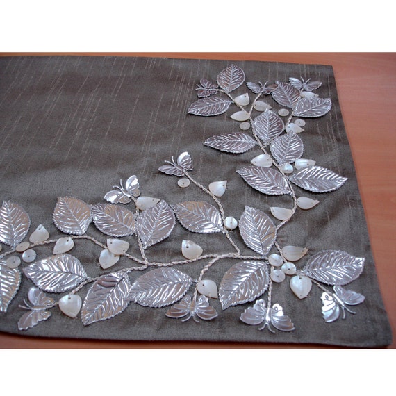Beaded Table Runner Silver Beautiful Butterfly Mother Of Pearl