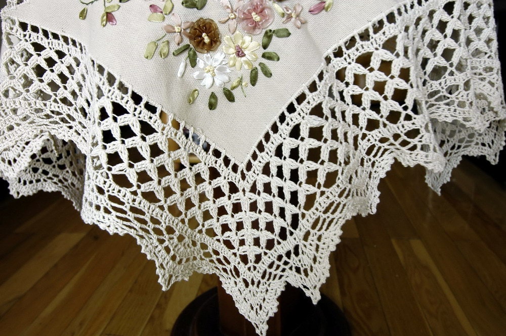 Ribbon embroidered tablecloth w crochet lace tea cloth table