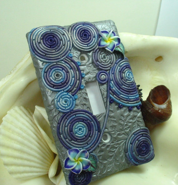 Silver Purple Swirls and Flowers Polymer Clay Light Switch
