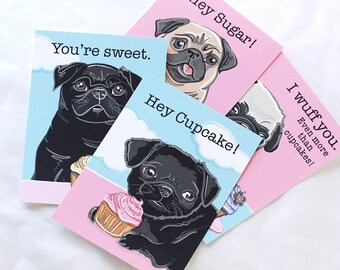 Cupcake Pug Valentines - Eco-friendly Set of 4