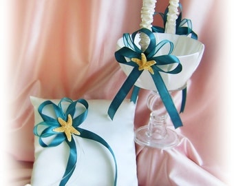 Starfish Beach Wedding Flower Girl Basket and Ring Bearer pillow Set, Teal Wedding basket and pillow