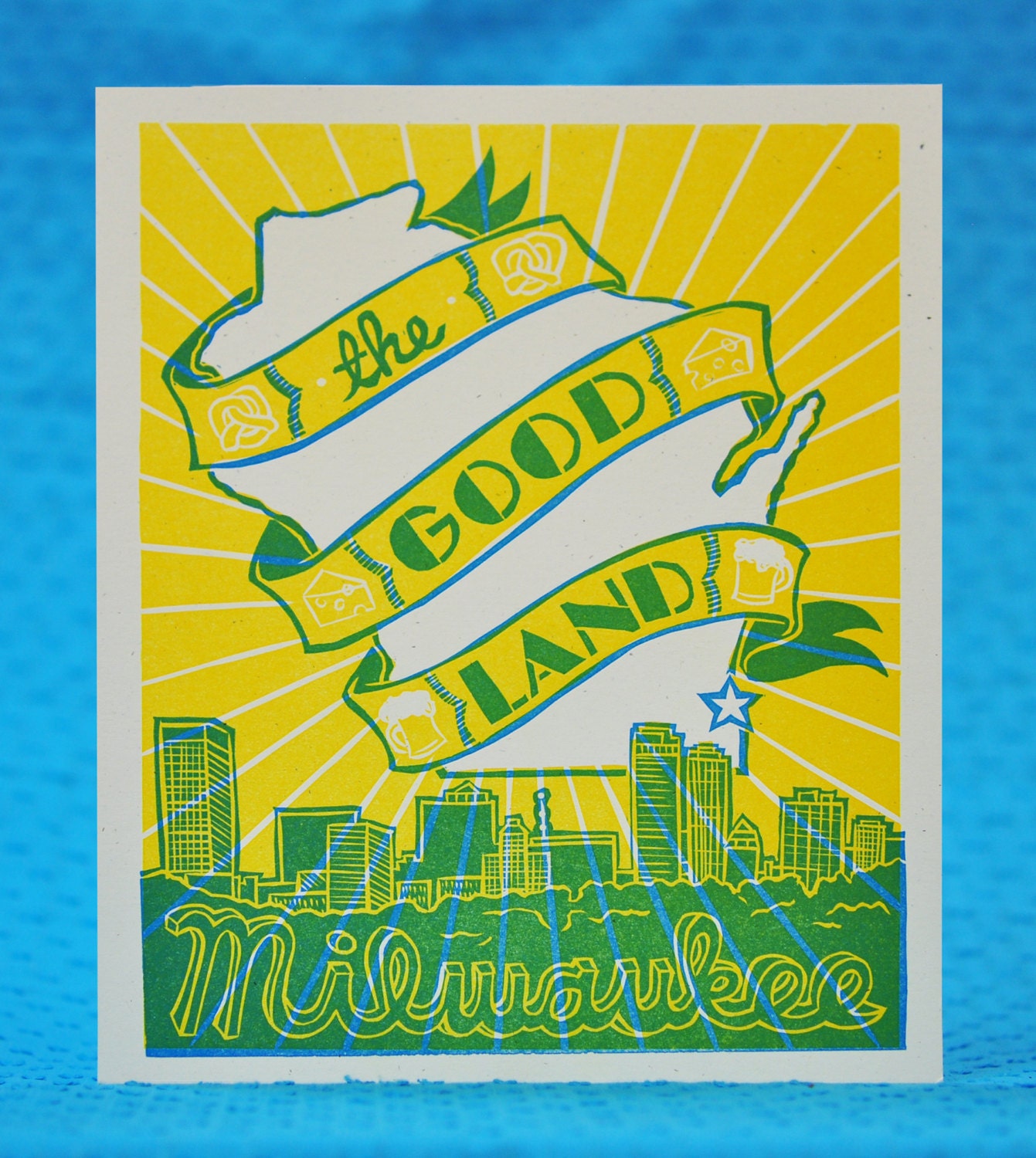 MILWAUKEE Wisconsin State Good Land Letterpress Print blue
