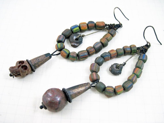 Things as they are. Rustic Gypsy Tribal Assemblage Earrings. dark brown green.