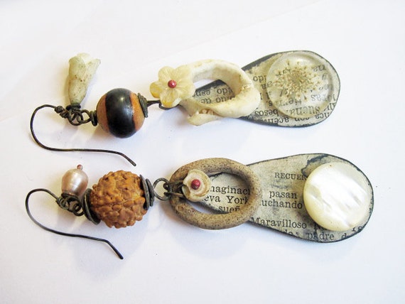 Nothing contains me. Rustic Gypsy beachy, victorian tribal ivory white button shell ceramic earrings