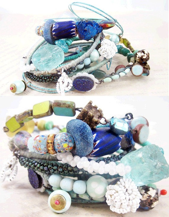 Liquid Light. Blue Green Rustic Gypsy Bangle Stack, bracelet set.