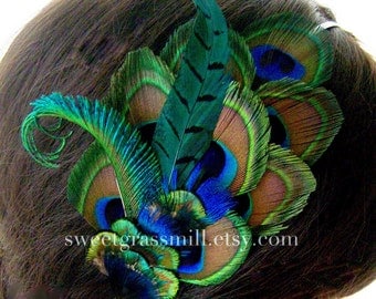 Peacock Fascinator Luxe Peacock and Pheasant "Mezzanine" Headband or Fascinator Clip