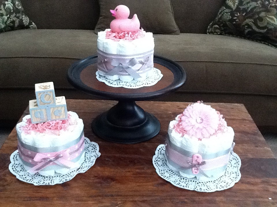 Pink and Grey Baby Shower Centerpieces Bundt Size Diaper cakes