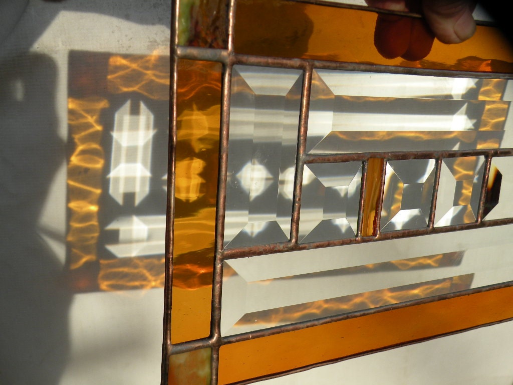 stained glass window panel with amber gold beveld glass