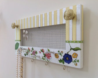 Hanging Jewelry Screen Frame Organizer, Hand Painted With Floral Decoupage