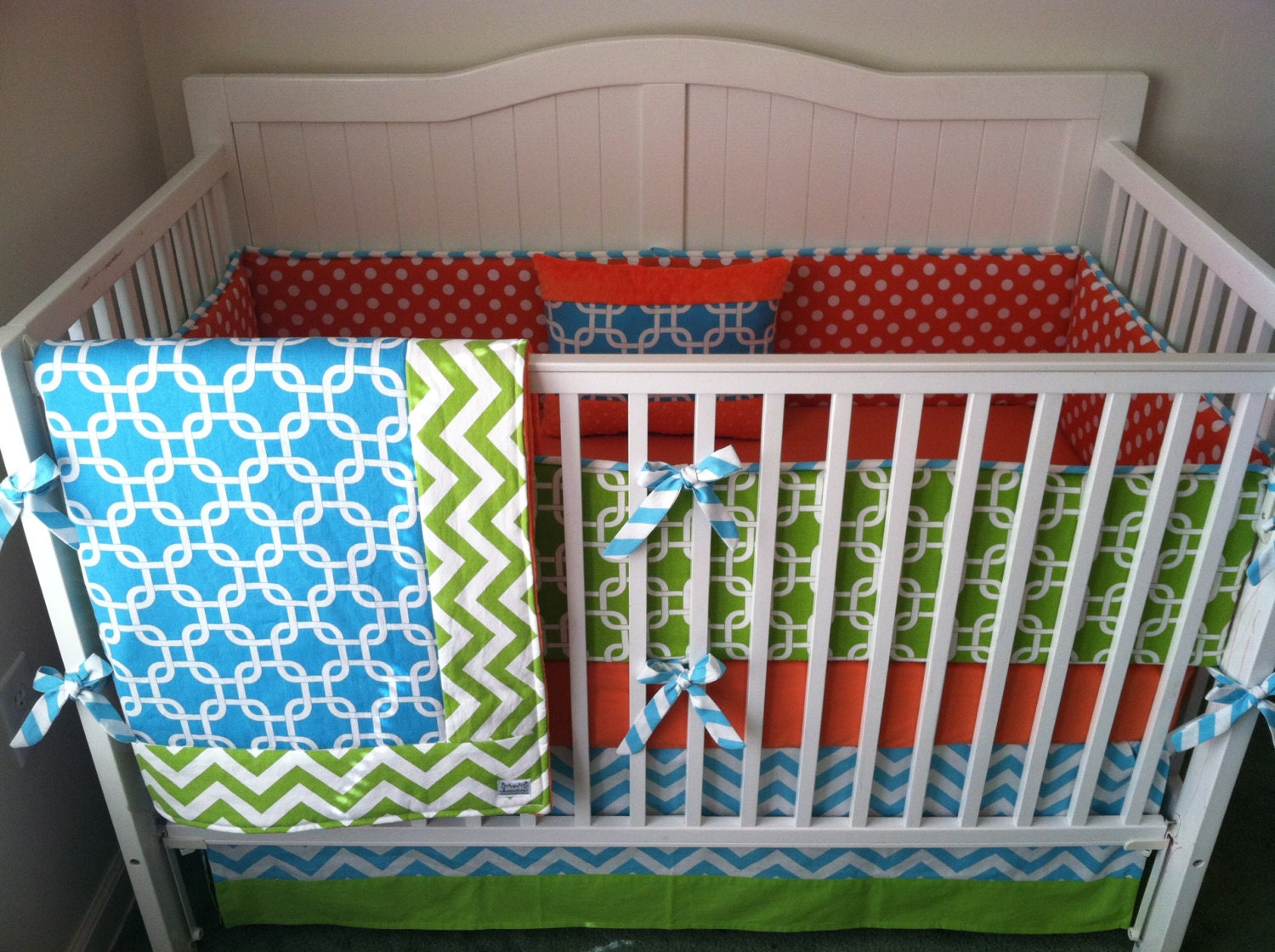 Aqua Green and Orange Modern Crib Bedding Made to Order With
