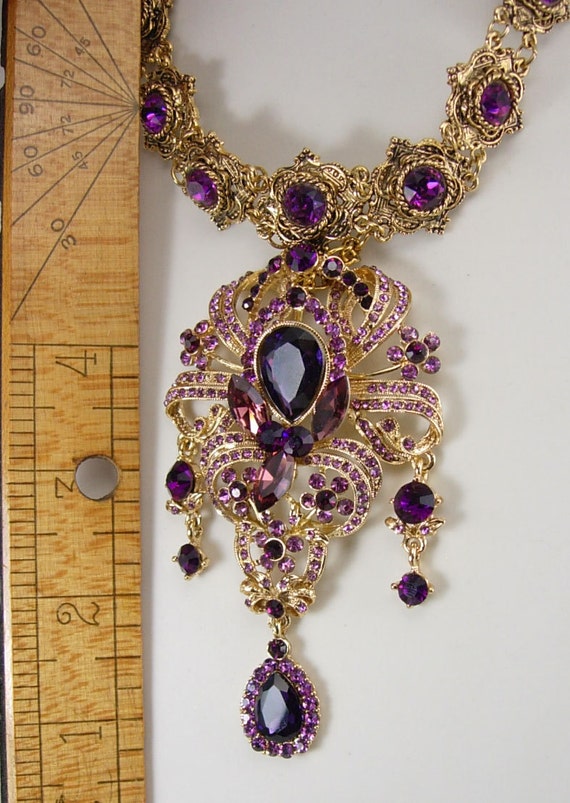 Statement Necklace Purple chandelier rhinestone medieval drop