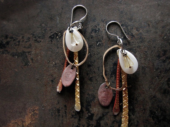 Life on other worlds - salvage tribal earrings - hammered metal - mother of pearl - citrine crystal