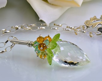 Rock Crystal Peridot Gemstone Necklace ,Apatite,Citrine, Sterling Silver Wire Wrapped Necklace, Tropical Breeze