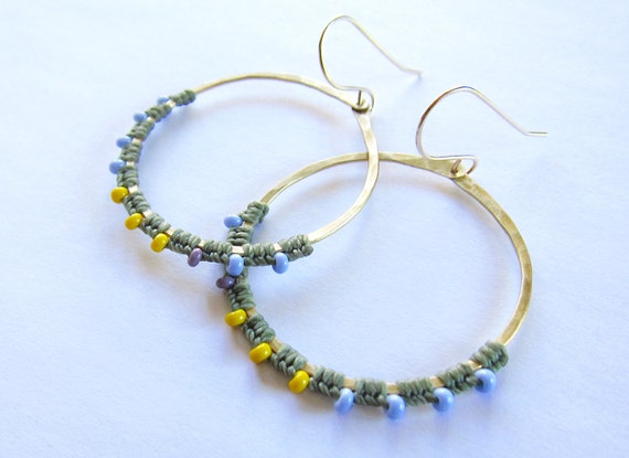 Full Moon Rising Hoops in sage green and periwinkel and yellow