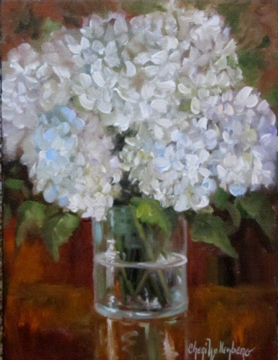 Still Life Painting White Hydrangeas In Clear Vase