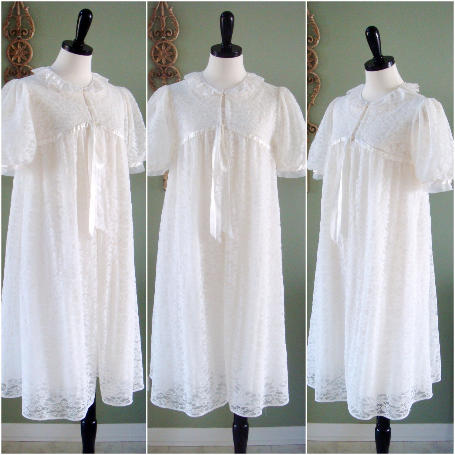 Baby Doll Nightgown Set White Lace Peignoir Bridal White