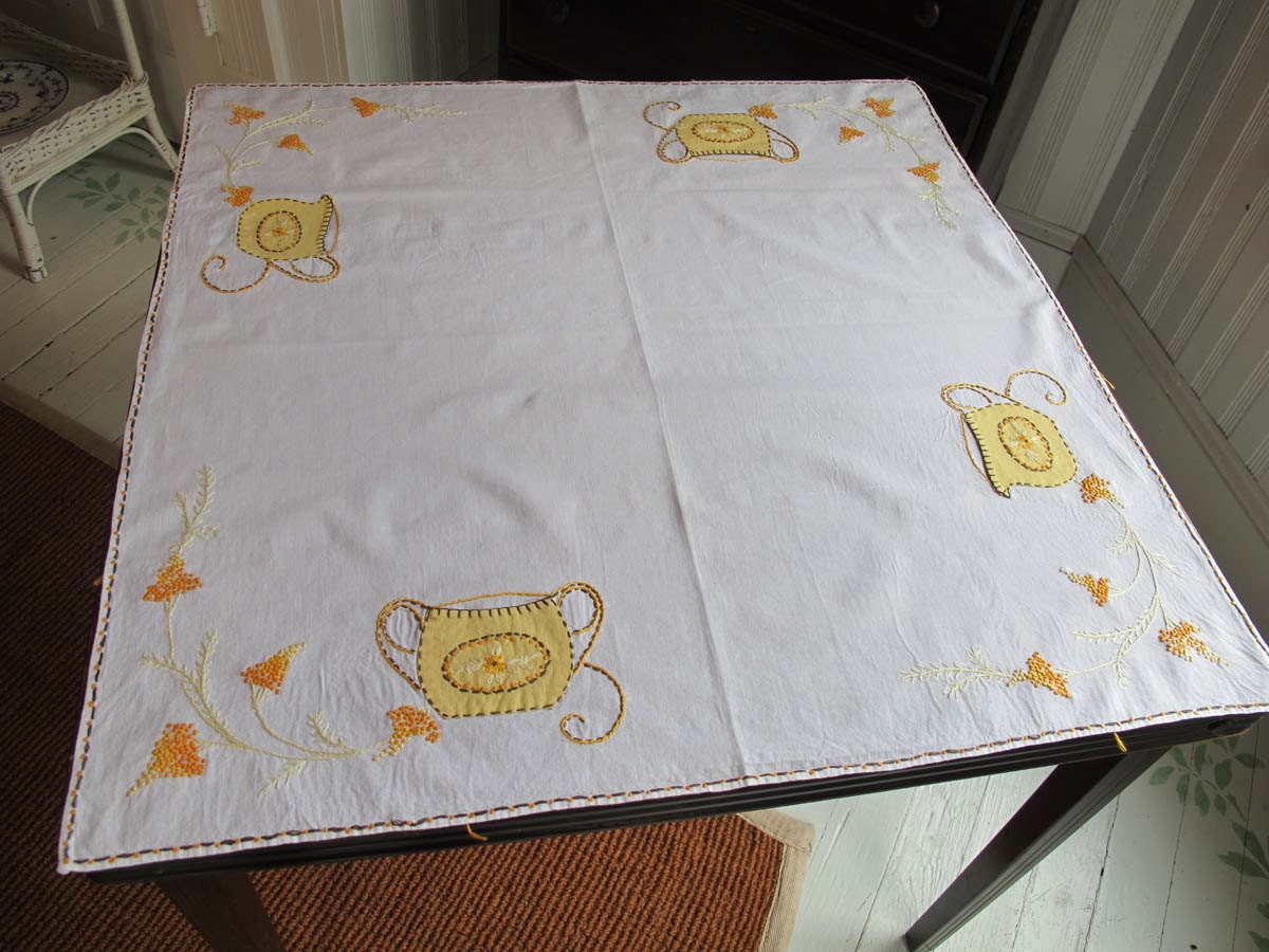 Vintage Card Table Tablecloth, Cotton Table Cloth, Mid Century Household Linens, Embroidery and