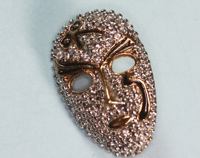 Vintage Face Mask Pin Brooch Rhinestones Gold and Silver Tone Mask Pin