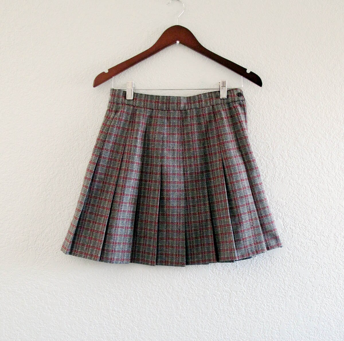 70s Pleated Plaid School Girl Mini Skirt Gray Red by BlueRoseRetro