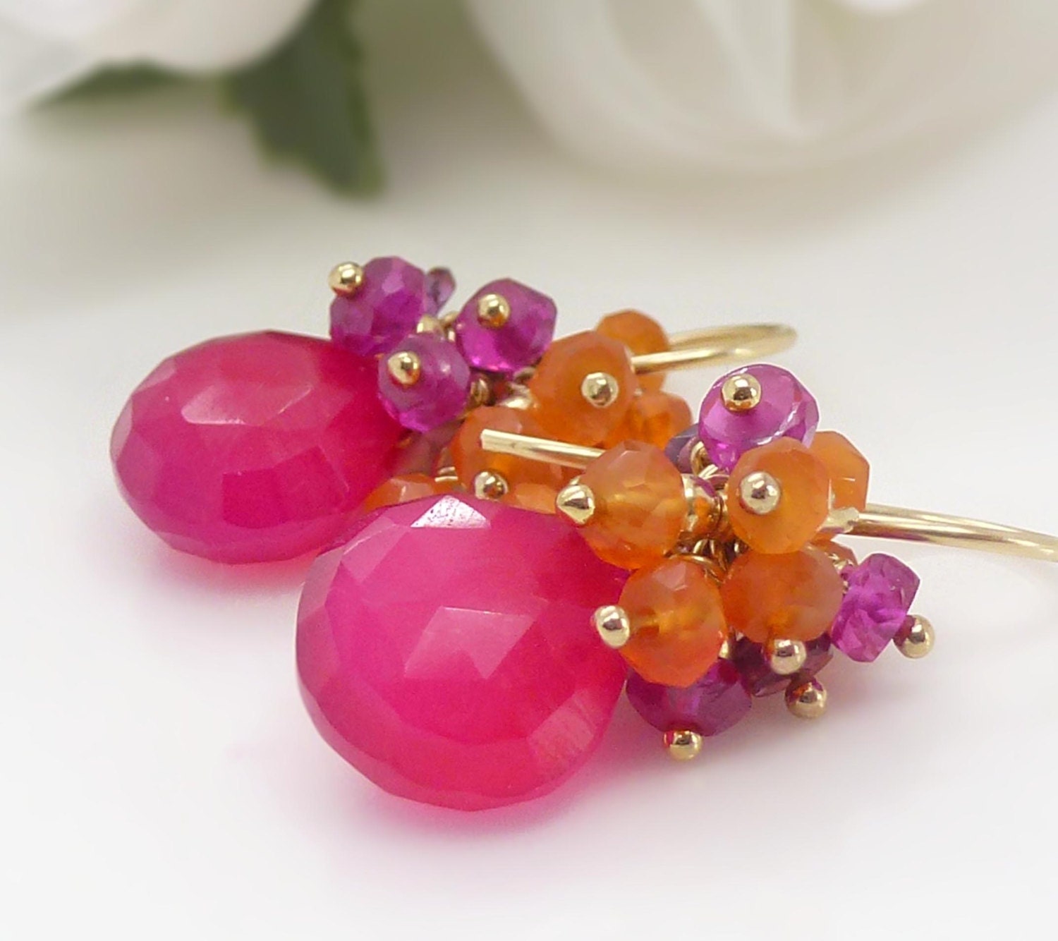 Bright orange and pink earrings Gold and pink cluster
