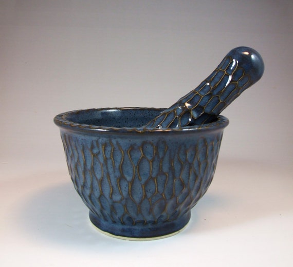 Large Mortar and Pestle with texture in Croc Blue glaze