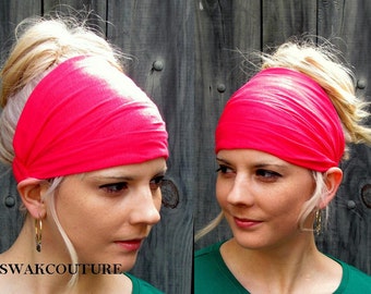 Yoga Headband, Head Scarf, Wide Headband, Jersey Headband, Womens Headband, Turban Head Wrap, Workout HeadBand, Hot Pink or Choose Color
