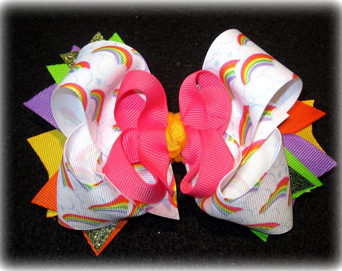 Boutique Hairbow, Girls Hair Bows, Triple Layered Bows, Rainbow Hair Bow, Pink Bow, Orange Hairbow, 5 inch Bows, Big Hairbow, large Hair Bow