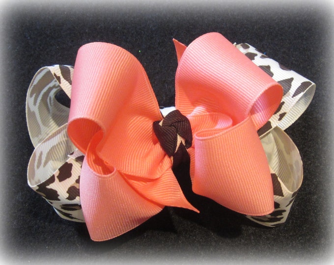 Leopard and Coral Fabulous Double Layered Boutique Lush Hair Bow with Spikey Edges for Baby Toddler or Little Girl