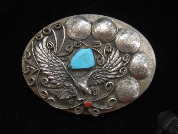 Vintage Mexican Silver Turquoise Eagle Belt Buckle