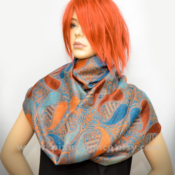 Pashmina Infinity scarf Orange Blue Paisley scarf by Pixiesdance